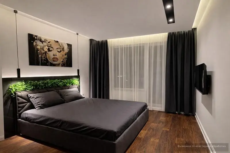 Camera da letto; pavimento in legno, luce naturale, stile moderno