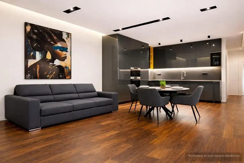 Soggiorno; stile moderno, pavimento in legno, luce naturale, elettrodomestici