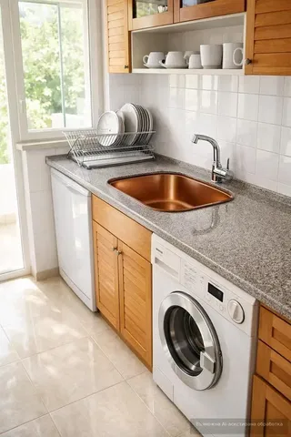 Cucina; elettrodomestici, pavimento in piastrelle, luce naturale