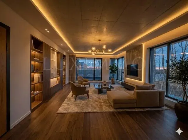 غرفة معيشة; إطلالة, أرضية خشبية, ضوء طبيعي, أسلوب عصري