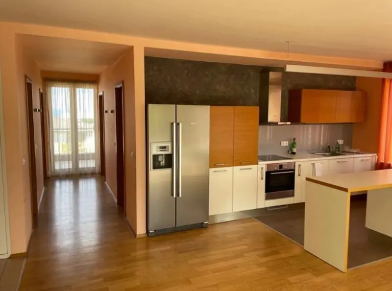 Kuchyně; kuchyňské spotřebiče, dřevěná podlaha, přirozené světlo