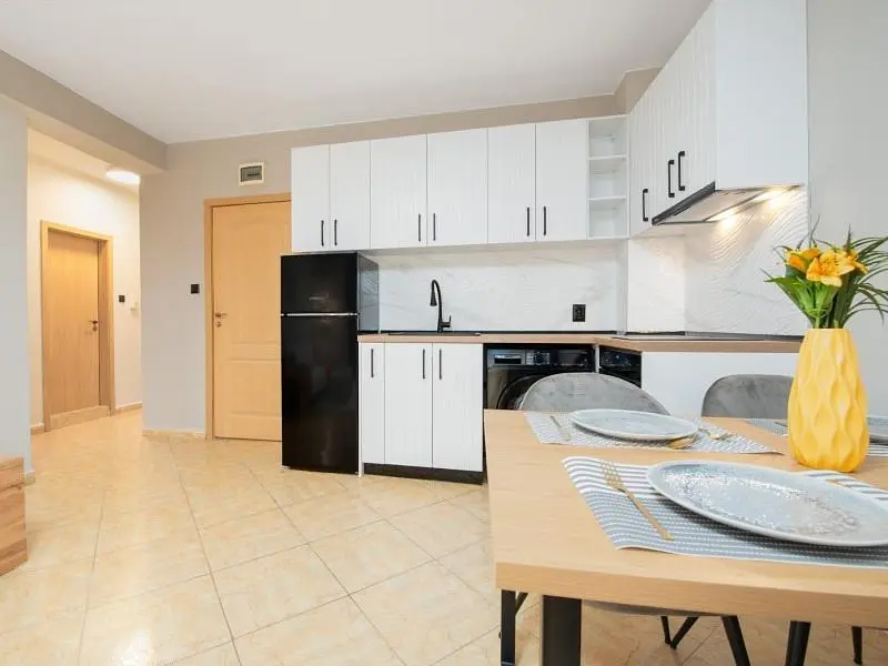 Kuchyně; kuchyňské spotřebiče, dlažba, přirozené světlo, moderní styl