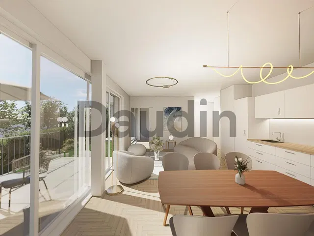 Living room; view, modern style, wood floor, natural light