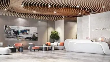 Salon; style moderne, hauteur sous plafond, poutres en bois