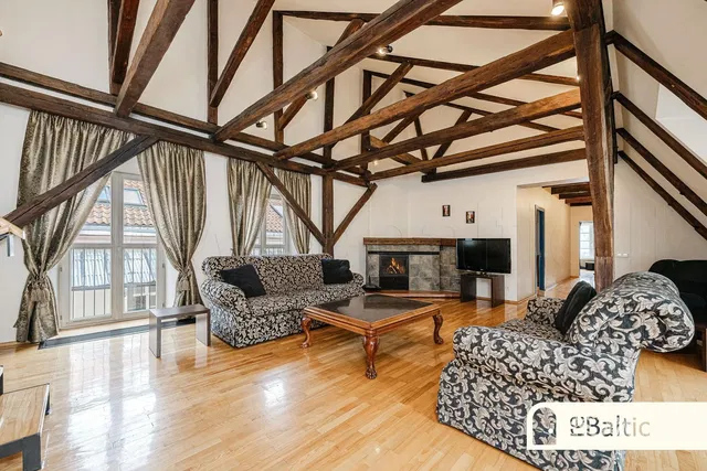 Dnevna soba; kamin, drvene grede, drveni pod, prirodno svjetlo