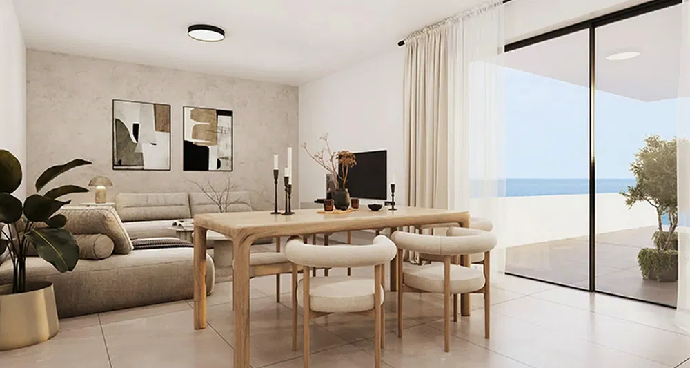 Wohnzimmer; blick, tageslicht, moderner stil, fliesenboden