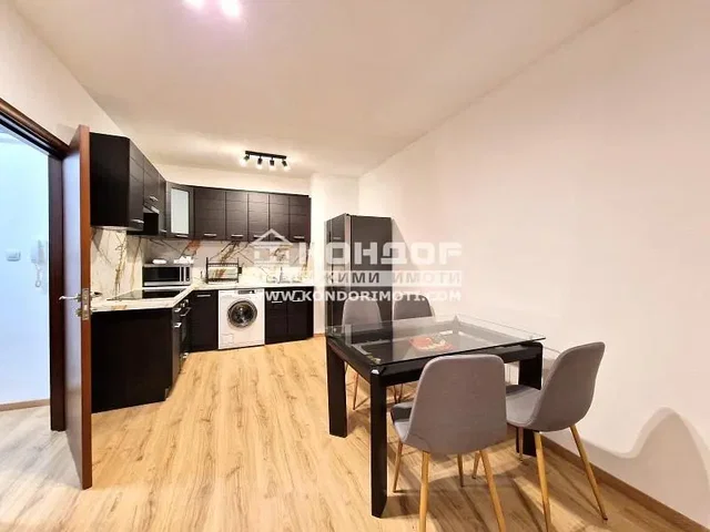 Kitchen; kitchen appliances, wood floor, modern style
