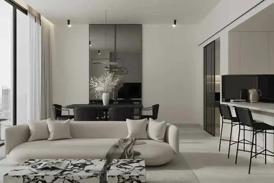 Salon; vue, style moderne, lumière naturelle, carrelage