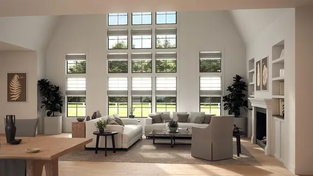 Wohnzimmer; blick, tageslicht, moderner stil, holzboden, kamin