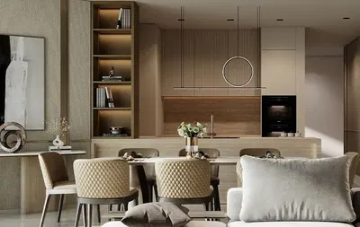 Salle à manger; style moderne, électroménager, lumière naturelle