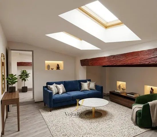Woonkamer; natuurlijk licht, moderne stijl, houten balken