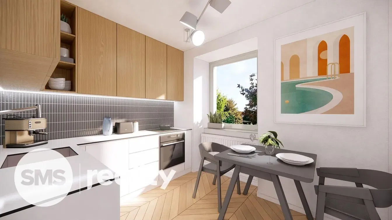 Cocina; electrodomésticos, luz natural, estilo moderno, suelo de madera, vista