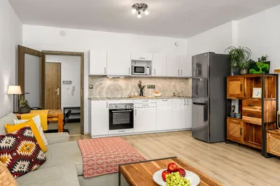 Obývací pokoj; kuchyňské spotřebiče, přirozené světlo, moderní styl