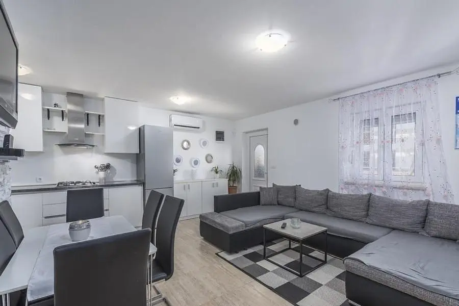 Obývací pokoj; kuchyňské spotřebiče, přirozené světlo, moderní styl