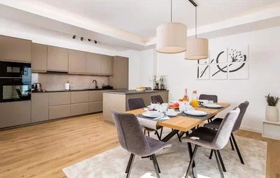 Kuchyně; kuchyňské spotřebiče, přirozené světlo, moderní styl, dřevěná podlaha