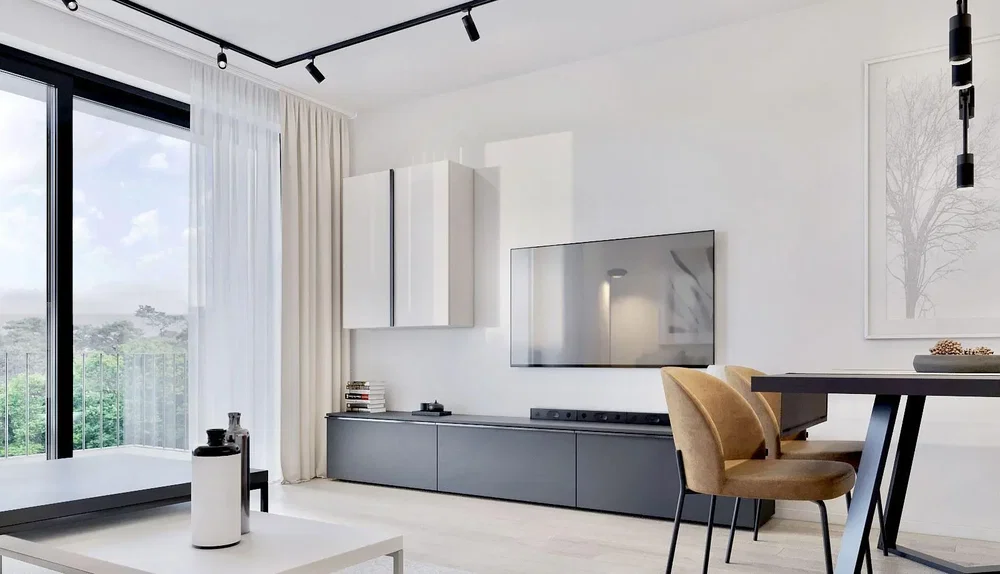 Obývací pokoj; výhled, moderní styl, přirozené světlo