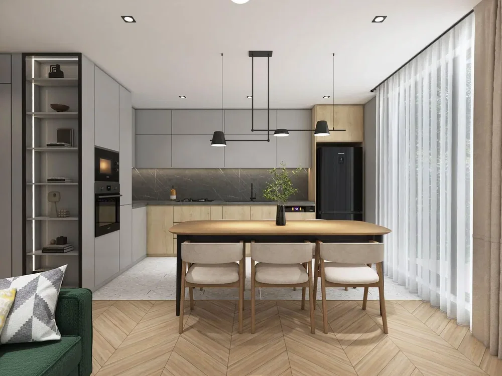 Kuchyně; kuchyňské spotřebiče, moderní styl, přirozené světlo, dlažba