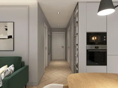 Kuchyně; kuchyňské spotřebiče, dřevěná podlaha, přirozené světlo, moderní styl