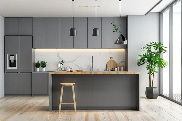 Cocina; electrodomésticos, luz natural, estilo moderno, suelo de madera