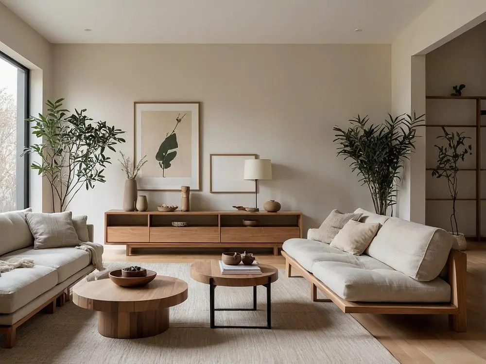 Woonkamer; natuurlijk licht, moderne stijl, houten vloer