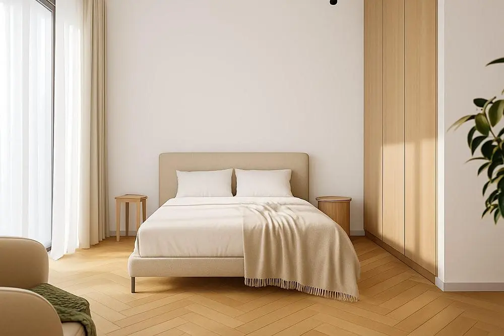 Dormitorio; luz natural, suelo de madera, estilo moderno