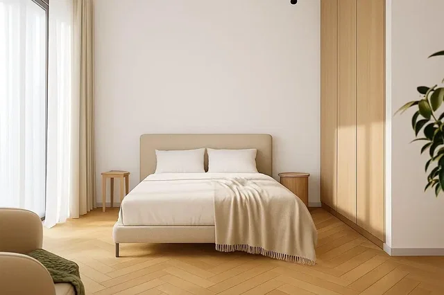 Schlafzimmer; tageslicht, holzboden, moderner stil