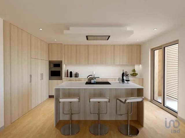 Küche; küchengeräte, moderner stil, tageslicht, holzboden