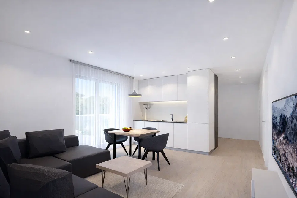 Wohnzimmer; tageslicht, moderner stil, küchengeräte