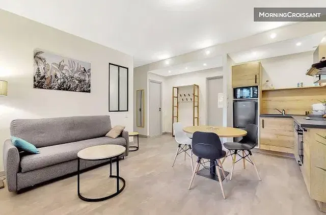 Living room; kitchen appliances, natural light, modern style, wood floor