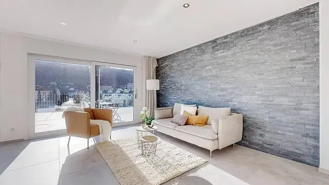 Obývací pokoj; výhled, přirozené světlo, moderní styl