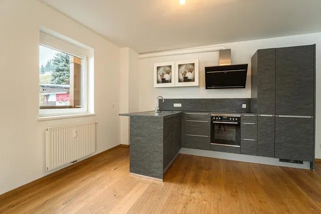 Kuhinja; kuhinjski aparati, drveni pod, prirodno svjetlo, moderni stil