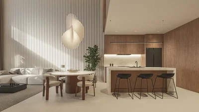 Cuisine; style moderne, électroménager, lumière naturelle