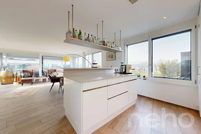 Küche; blick, holzboden, tageslicht, moderner stil