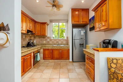 Cuisine; électroménager, carrelage, lumière naturelle, style moderne