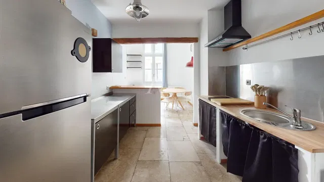Kitchen; kitchen appliances, natural light, tile floor, modern style