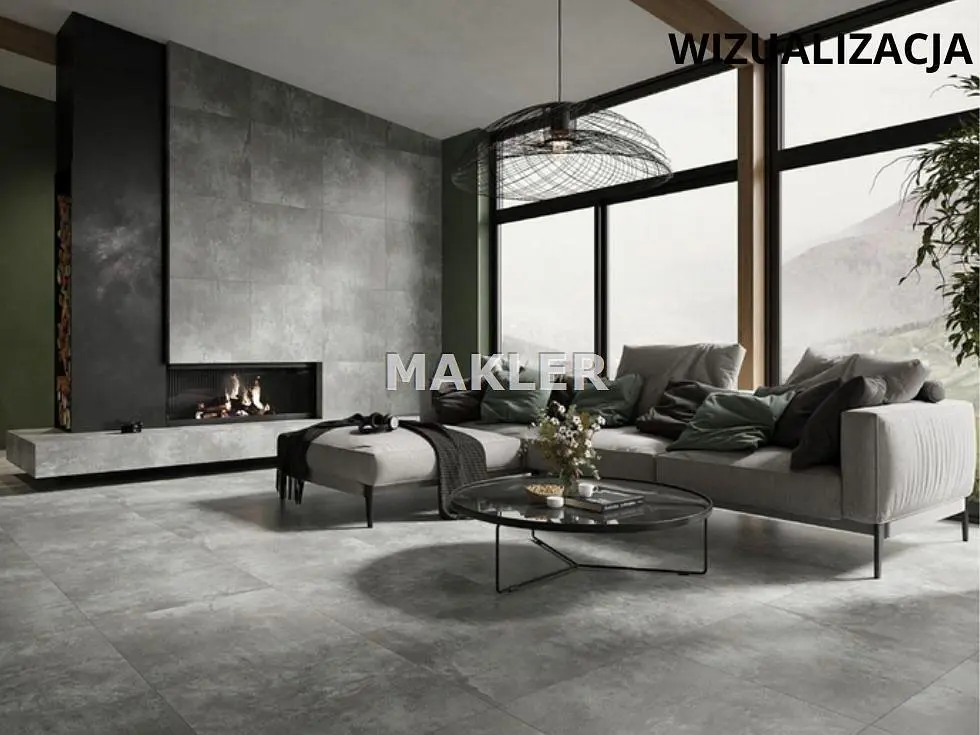 Oturma odası; şömine, manzara, fayans zemin, doğal ışık, modern stil