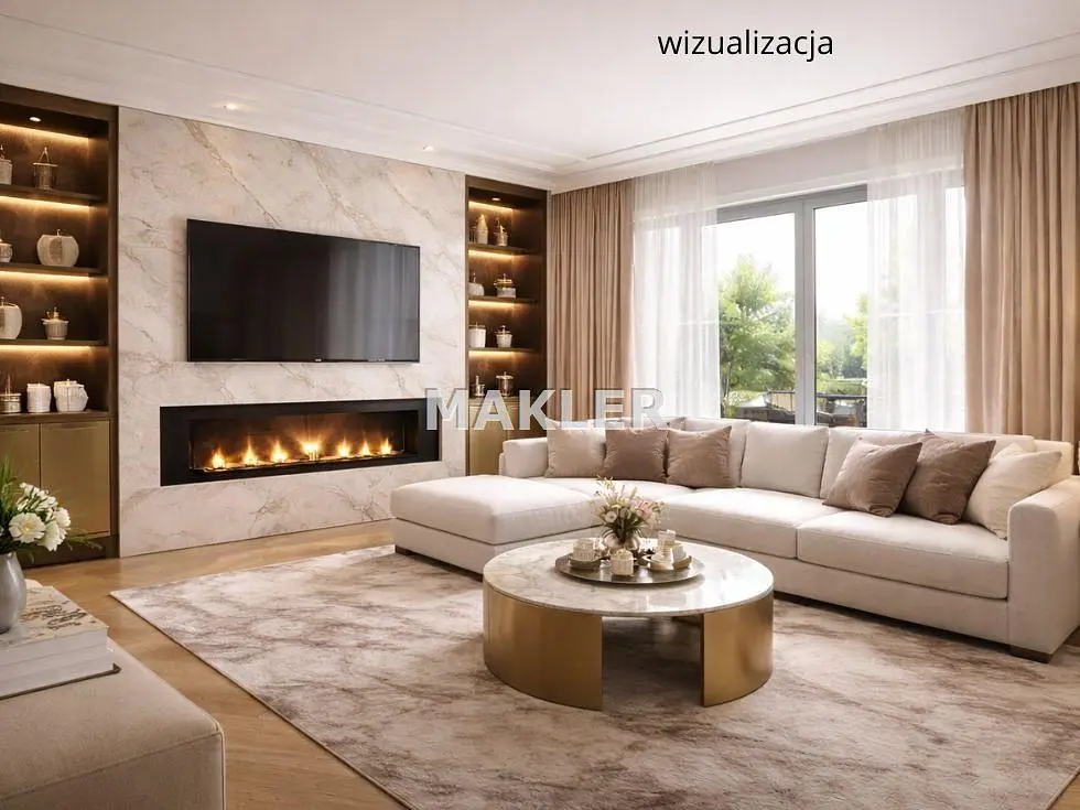 Oturma odası; şömine, doğal ışık, modern stil