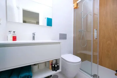 Banyo; fayans zemin, tadilatlı, doğal ışık, modern stil