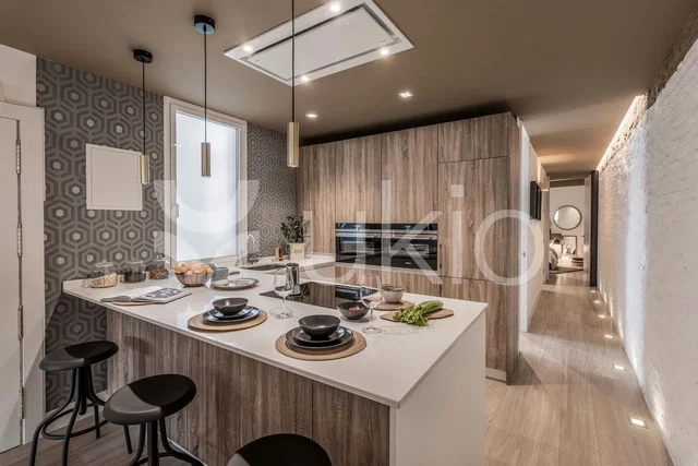 Küche; küchengeräte, moderner stil, renoviert, tageslicht, holzboden