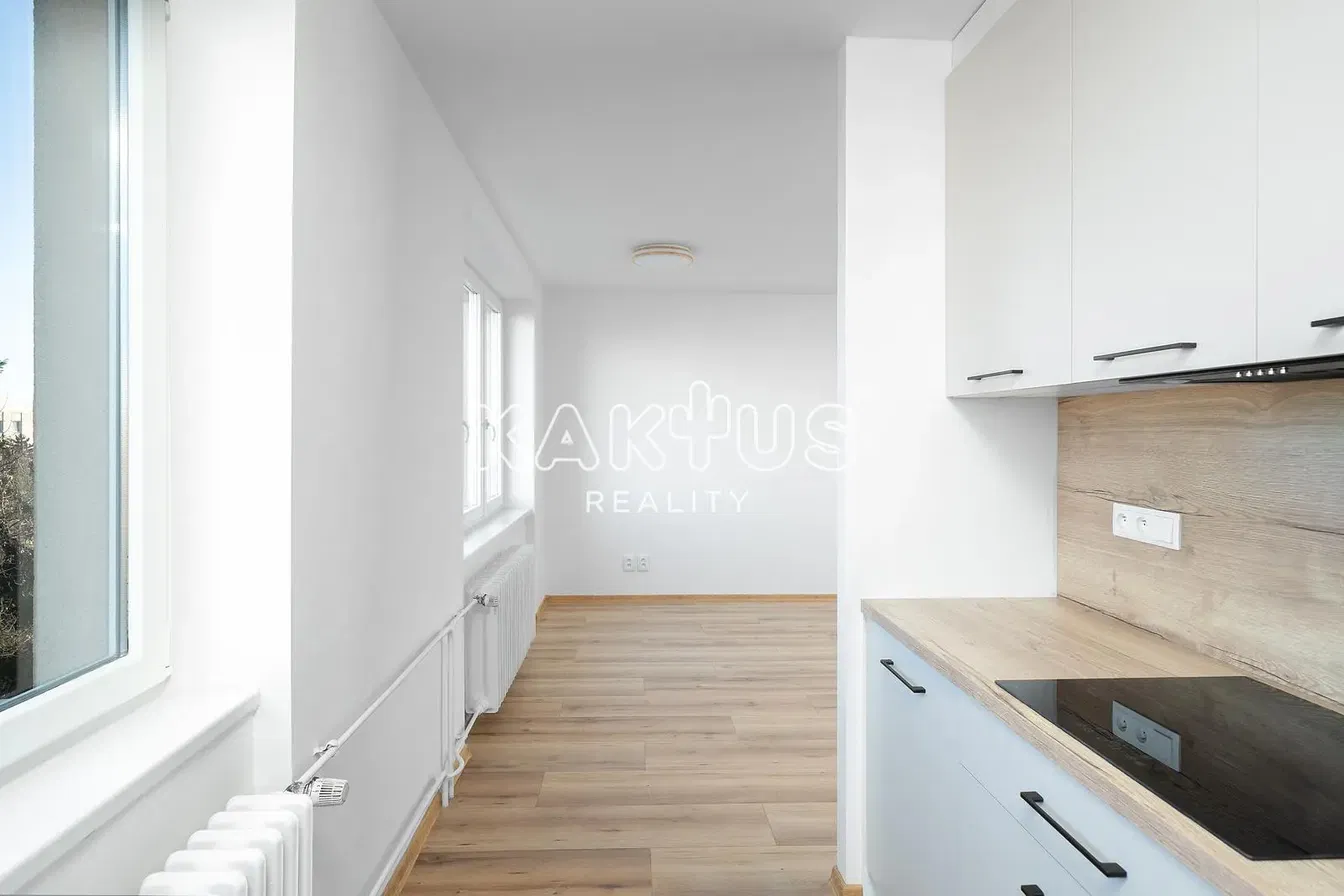 Kuchyně; výhled, kuchyňské spotřebiče, dřevěná podlaha, přirozené světlo, moderní styl, po rekonstrukci