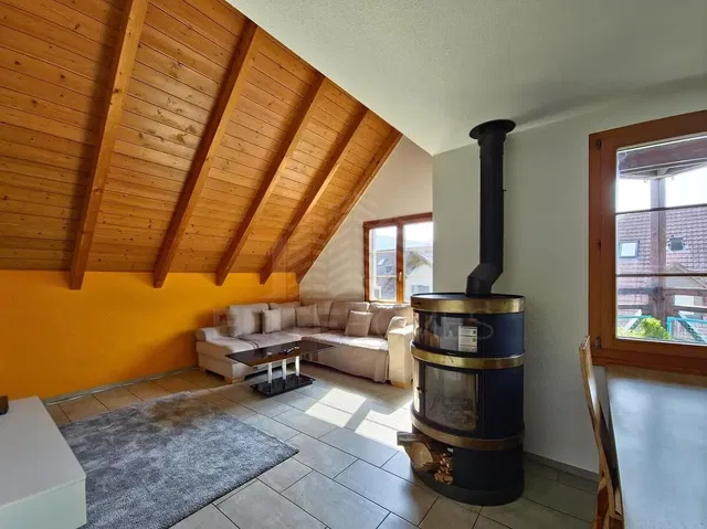 Salon; kominek, belki drewniane, podłoga z płytek, światło dzienne