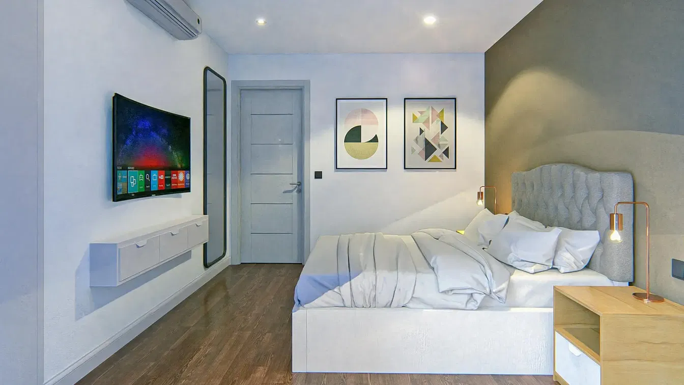 Schlafzimmer; moderner stil, holzboden, tageslicht