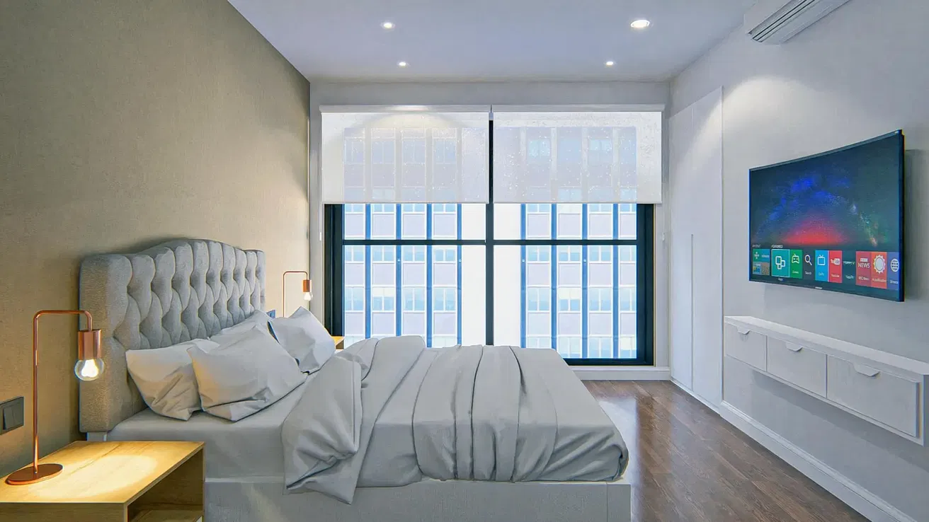 Schlafzimmer; tageslicht, moderner stil, holzboden, smart devices