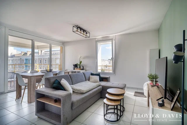 Living room; view, tile floor, natural light, modern style