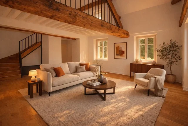 Obývačka; drevené trámy, drevená podlaha, prirodzené svetlo