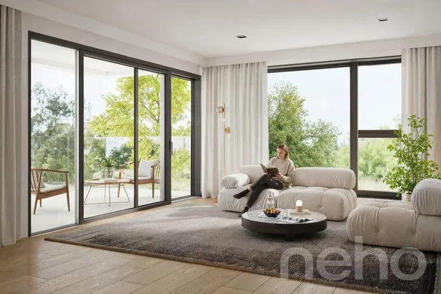 Obývací pokoj; výhled, přirozené světlo, moderní styl, dřevěná podlaha