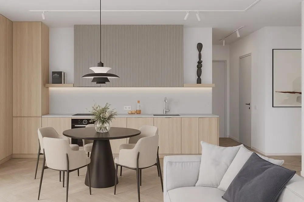 Woonkamer; moderne stijl, natuurlijk licht, houten vloer