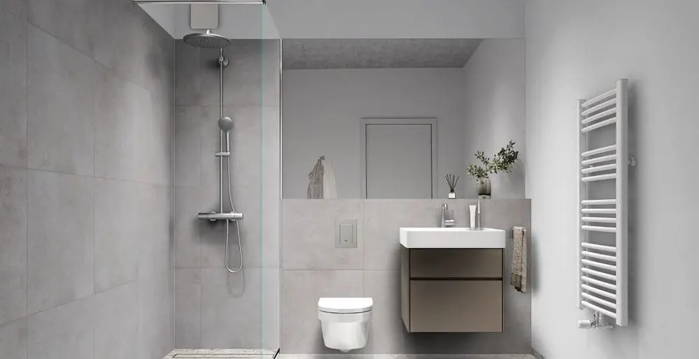 Badkamer; tegelvloer, gerenoveerd, natuurlijk licht, moderne stijl