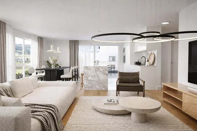 Sala de estar; vista, luz natural, estilo moderno, chão de madeira