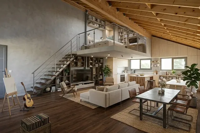 Living room; wood beams, high ceiling, natural light, modern style